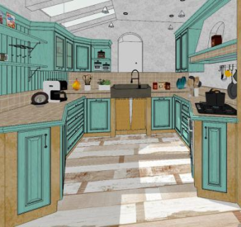 美式开放式厨房家装SU模型下载_sketchup草图大师SKP模型