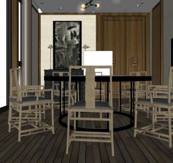 新中式复古餐厅SU模型下载_sketchup草图大师SKP模型