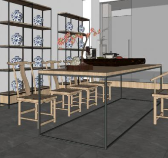 新中式茶室装饰SU模型下载_sketchup草图大师SKP模型