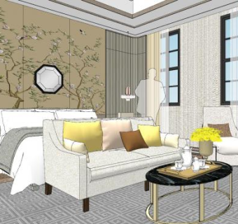 新中式轻奢卧室SU模型下载_sketchup草图大师SKP模型