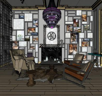 美式复古客厅装修SU模型下载_sketchup草图大师SKP模型