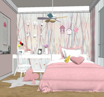 现代简约女孩房家装SU模型下载_sketchup草图大师SKP模型