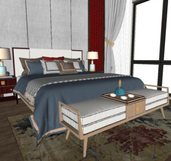 新中式简约卧室SU模型下载_sketchup草图大师SKP模型