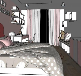 现代简约女孩卧室SU模型下载_sketchup草图大师SKP模型