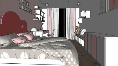 现代简约女孩卧室SU模型下载_sketchup草图大师SKP模型