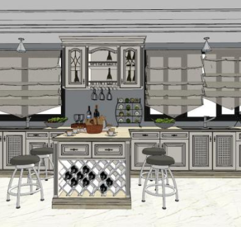 简欧大型开放式厨房SU模型下载_sketchup草图大师SKP模型