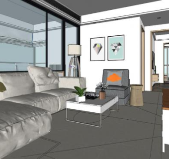 现代简约客厅户型SU模型下载_sketchup草图大师SKP模型