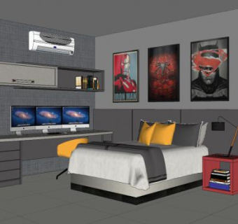现代复联风格卧室SU模型下载_sketchup草图大师SKP模型