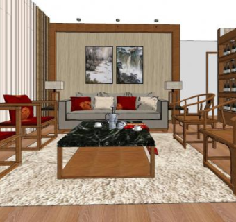 新中式家装客厅sketchup模型下载_sketchup草图大师SKP模型