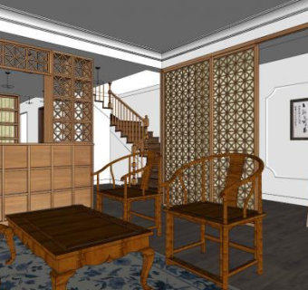 新中式古典家装客厅SU模型下载_sketchup草图大师SKP模型