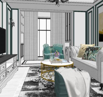 简欧轻奢客厅户型SU模型下载_sketchup草图大师SKP模型