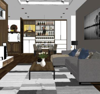 现代新中式客餐厅室内SU模型下载_sketchup草图大师SKP模型