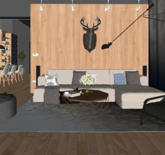 原木北欧风客餐厅SU模型下载_sketchup草图大师SKP模型