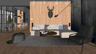 原木北欧风客餐厅SU模型下载_sketchup草图大师SKP模型