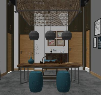 新中式混搭茶室SU模型下载_sketchup草图大师SKP模型