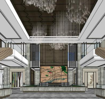 新中式售楼处沙盘区SU模型下载_sketchup草图大师SKP模型