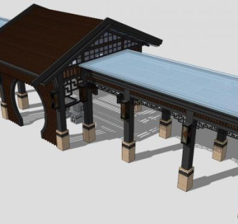 新中式廊SU模型下载_sketchup草图大师SKP模型