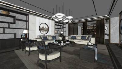 新中式轻奢客厅家装SU模型下载_sketchup草图大师SKP模型