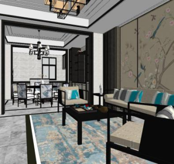 新中式客餐厅设计sketchup模型下载_sketchup草图大师SKP模型