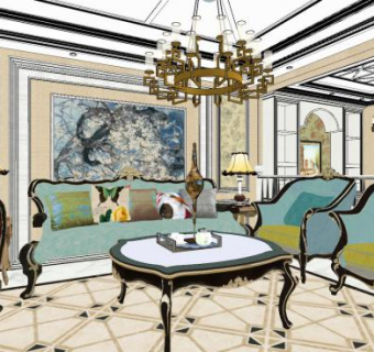 欧式奢华客餐厅SU模型下载_sketchup草图大师SKP模型