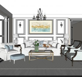 美式轻奢客厅餐厅SU模型下载_sketchup草图大师SKP模型