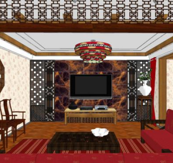 新中式家装客厅设计SU模型下载_sketchup草图大师SKP模型