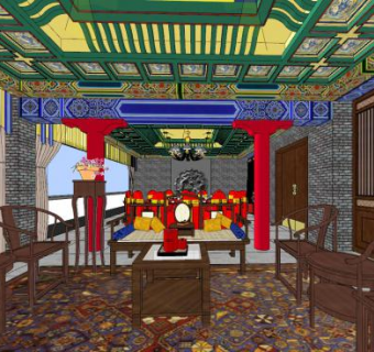 中式客餐厅家装设计SU模型下载_sketchup草图大师SKP模型