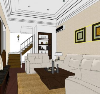 美式简约客厅设计SU模型下载_sketchup草图大师SKP模型