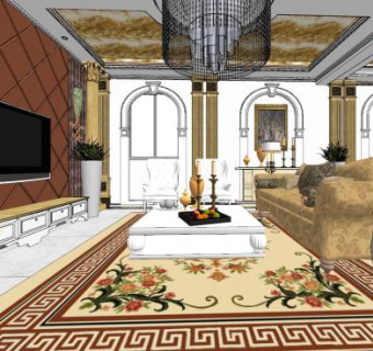 欧式奢华客厅家装SU模型下载_sketchup草图大师SKP模型