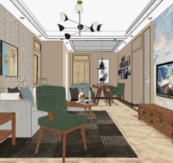 北欧复古客餐厅SU模型下载_sketchup草图大师SKP模型