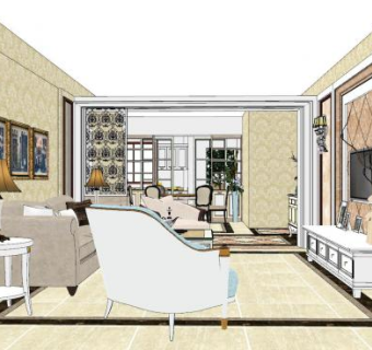 美式客厅餐厅设计SU模型下载_sketchup草图大师SKP模型