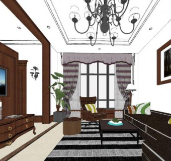 美式复古客厅设计SU模型下载_sketchup草图大师SKP模型