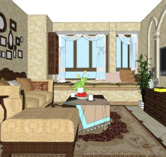 美式复古客厅组合SU模型下载_sketchup草图大师SKP模型