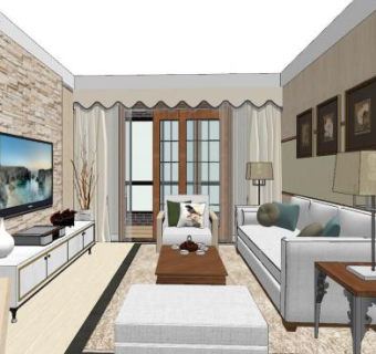 现代复古客厅设计SU模型下载_sketchup草图大师SKP模型