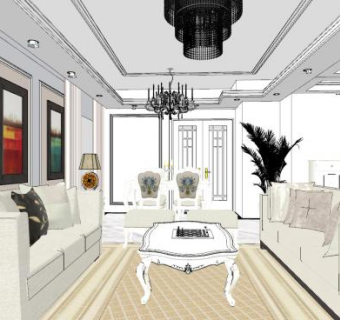 现代简欧客餐厅室内SU模型下载_sketchup草图大师SKP模型