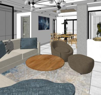 现代户型简欧客餐厅设计SU模型下载_sketchup草图大师SKP模型