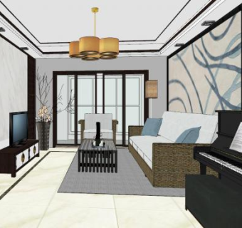 现代户型新中式客厅SU模型下载_sketchup草图大师SKP模型