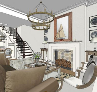 现代户型美式客厅SU模型下载_sketchup草图大师SKP模型