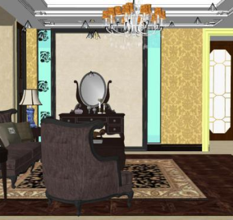 简欧复古客厅卧室SU模型下载_sketchup草图大师SKP模型