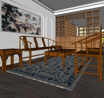 现代户型中式客厅SU模型下载_sketchup草图大师SKP模型