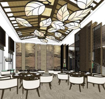 新中式餐饮空间su模型下载_sketchup草图大师SKP模型