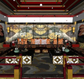 中式客厅家装设计SU模型下载_sketchup草图大师SKP模型