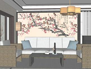 新中式客厅家装室内SU模型下载_sketchup草图大师SKP模型