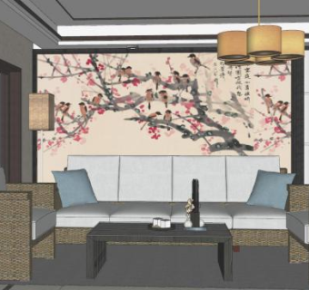 新中式客厅家装室内SU模型下载_sketchup草图大师SKP模型