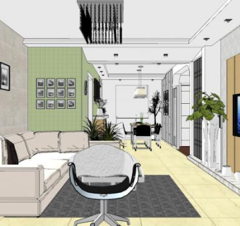 现代田园客厅餐厅SU模型下载_sketchup草图大师SKP模型