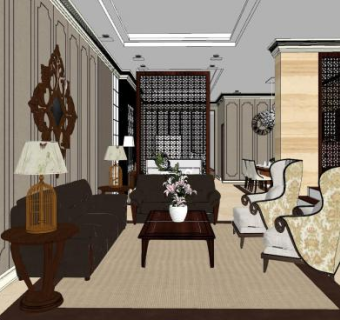 美式复古客餐厅设计SU模型下载_sketchup草图大师SKP模型