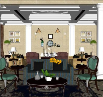 美式轻奢客厅家装SU模型下载_sketchup草图大师SKP模型