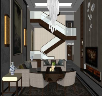 新中式复式客厅室内SU模型下载_sketchup草图大师SKP模型