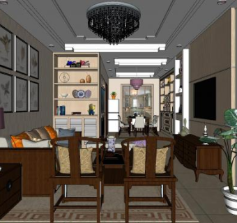 现代户型新中式客餐厅SU模型下载_sketchup草图大师SKP模型