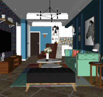 简欧客厅现代户型SU模型下载_sketchup草图大师SKP模型